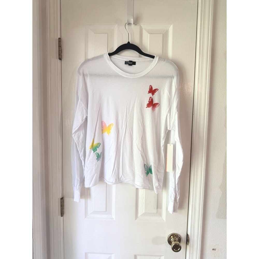 AQUA Athletic Emma Tee White Butterfly Graphic Long Sleeve Shirt XL NEW